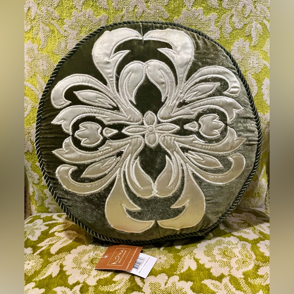 Nina Home by Nina Campbell 13” Round Pillow Velvet with Ivory Satin Appliqué